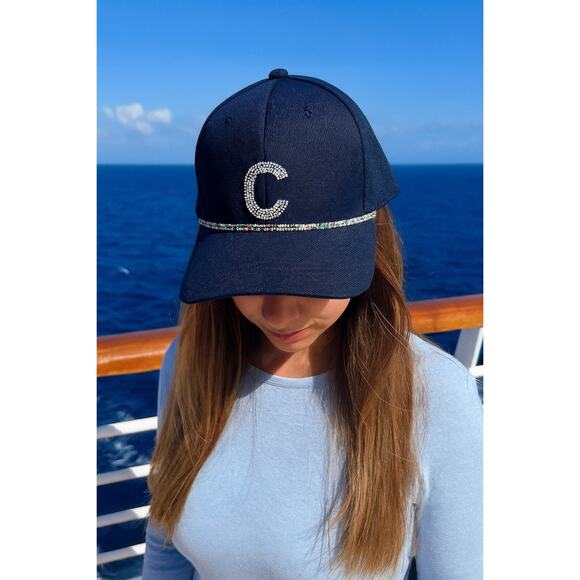 Navy blue Crystal accent Alphabet Initial letter C Shiny Bling Baseball Cap Hat - Picture 7 of 8